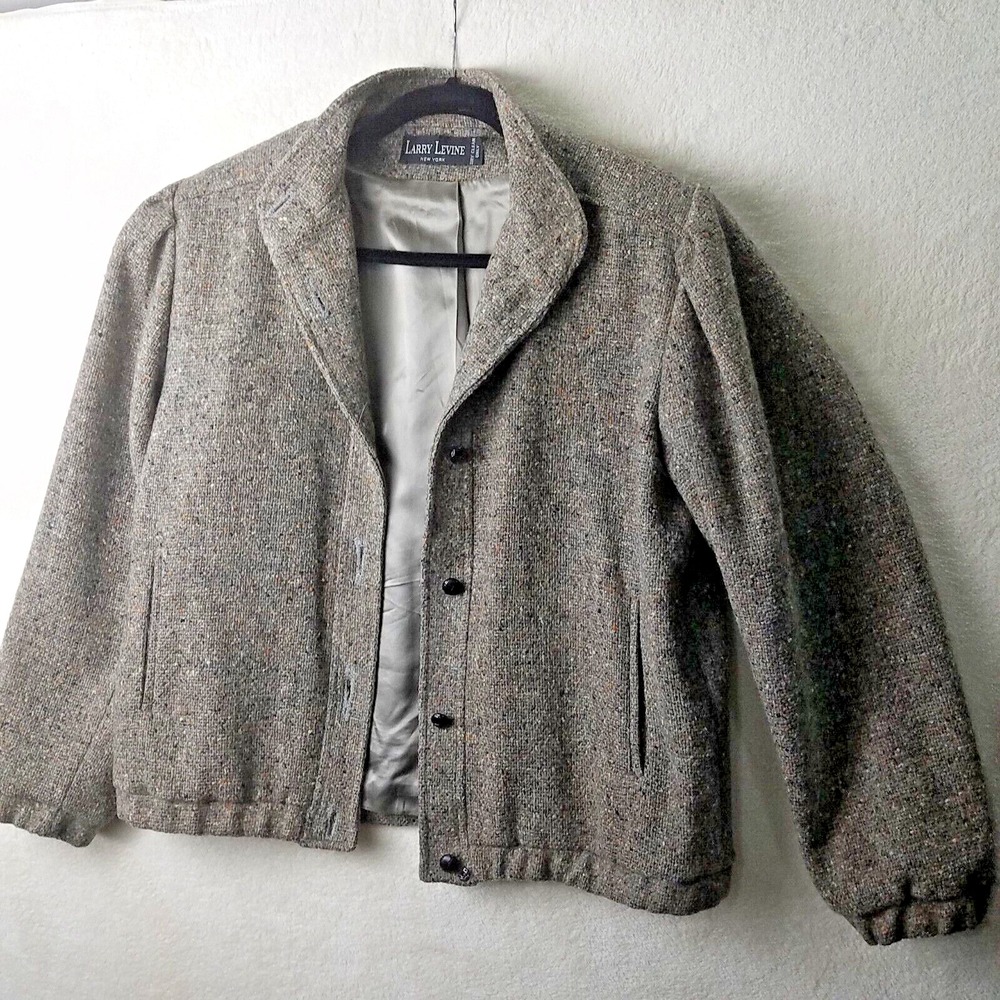 Vintage Larry Levine heather tweed bomber jacket button pockets women's 10-12